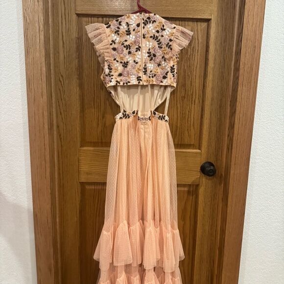 Mac Duggal Floral Embroidered Tulle Gown Sz 6 Peach Pink Tiered Maxi Dress - Picture 10 of 13
